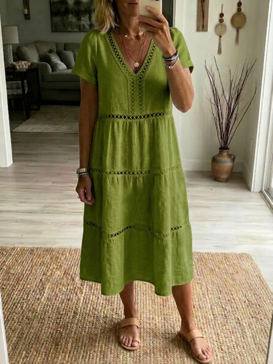 Casual Patchwork Openwork Ribbon Linen And Cotton Dress