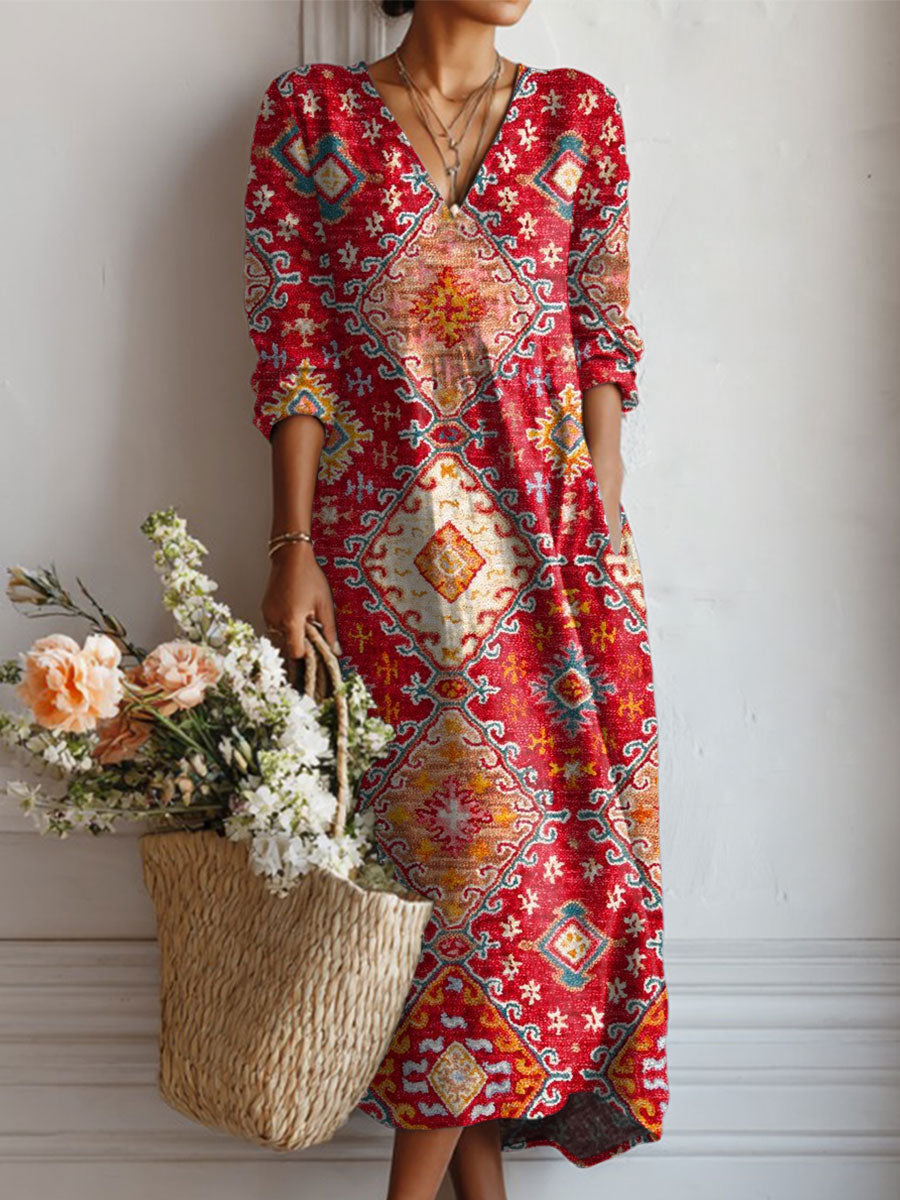 Women's Vintage Flower Art Print Linen Pocket Tunic Dress