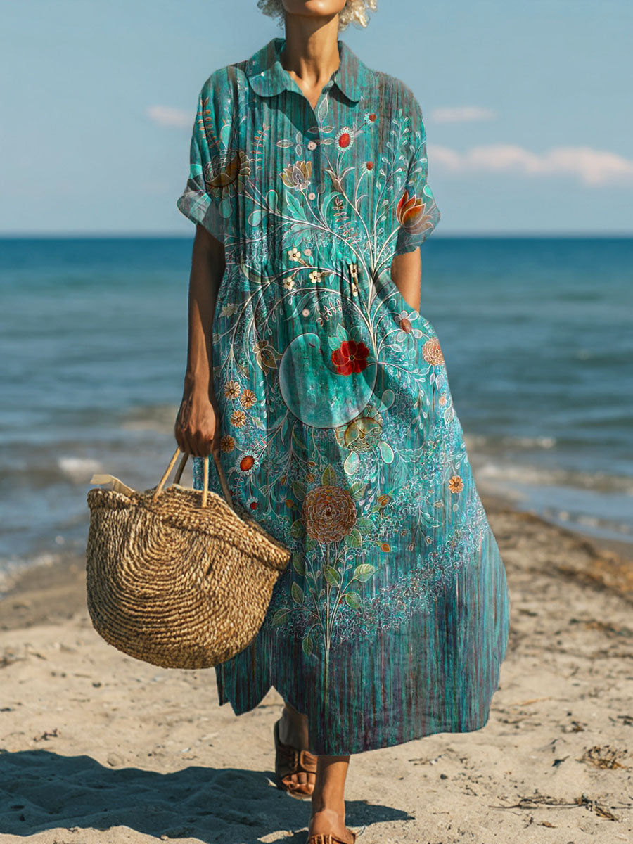 Women's Vintage Floral Pattern Art Print Cotton Dress