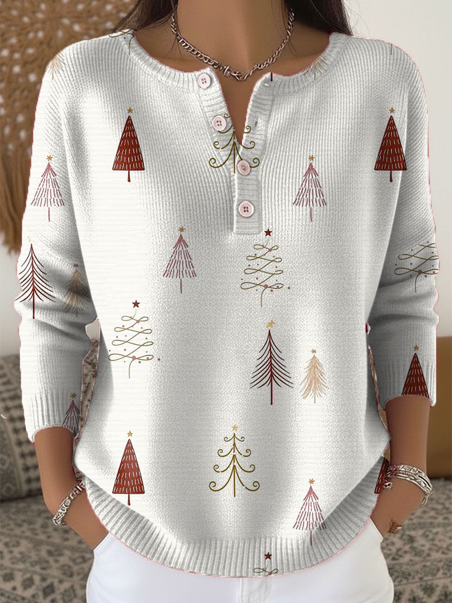 Vintage Christmas Tree Art Print Buttoned Cardigan Sweater
