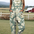 Women's Vintage Floral Pattern Art Print Casual 100% Cotton Wide Leg Jumpsuit
