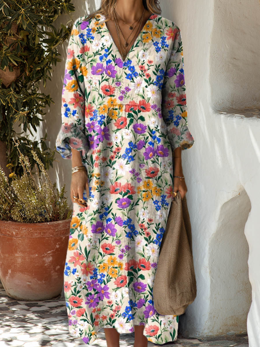 Women's Vintage Floral Art Print Cotton Dress