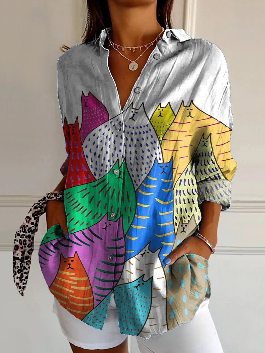 Cartoon Cats Graphic Printed Women's Casual Cotton Shirt