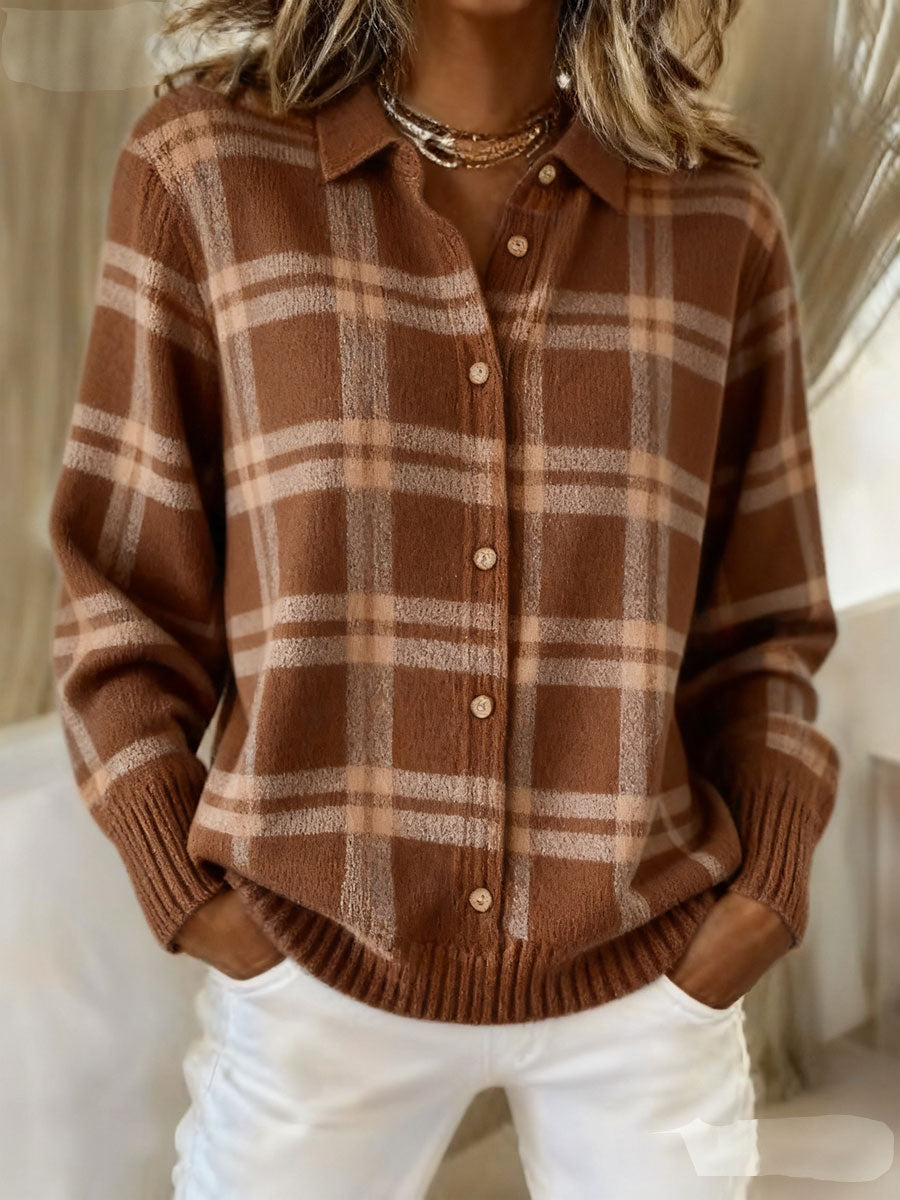 Women's Vintage Plaid Art Print Cowl Neck Sweater
