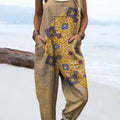 Women's Vintage Floral Pattern Art Print Casual 100% Cotton Wide Leg Jumpsuit