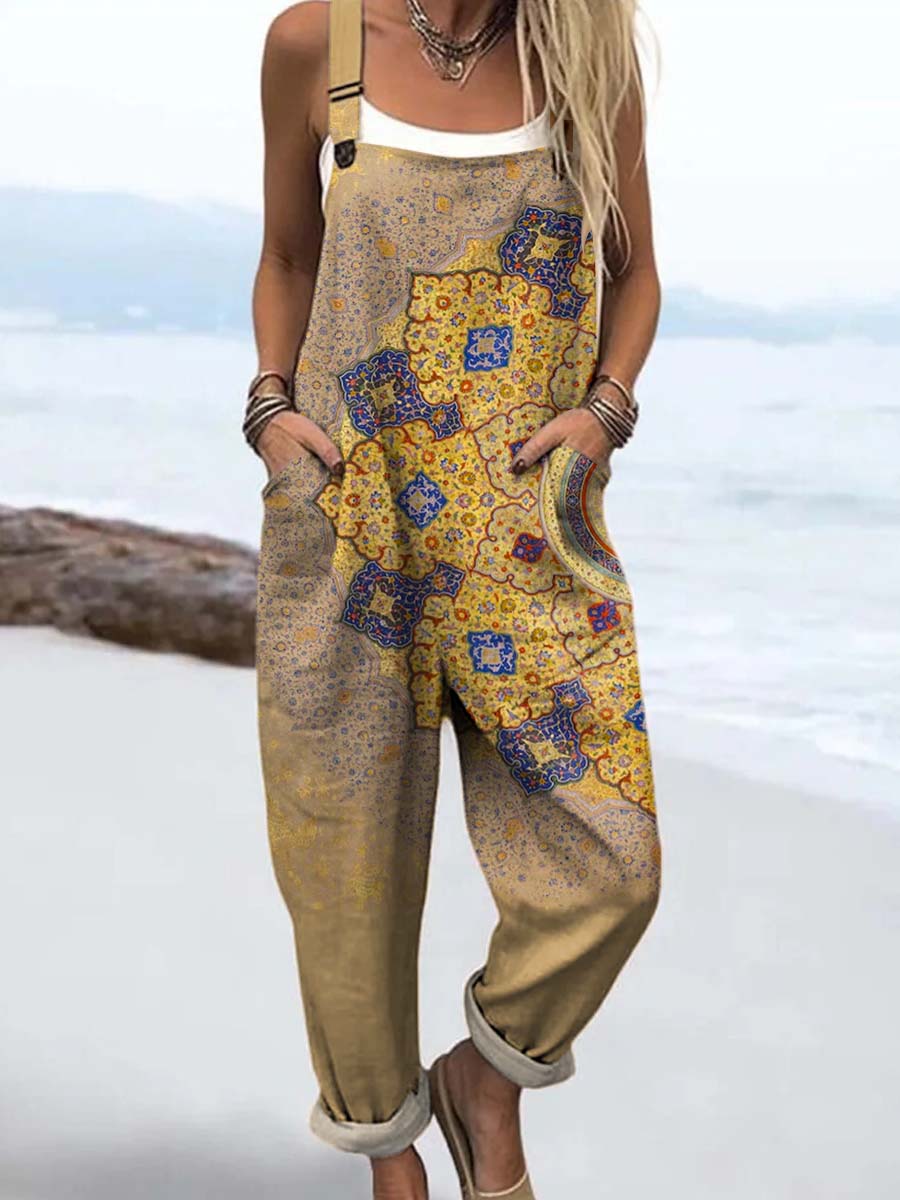 Women's Vintage Floral Pattern Art Print Casual 100% Cotton Wide Leg Jumpsuit