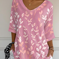 Casual Leaves Art Print V Neck 3/4 Length Sleeve T-shirt