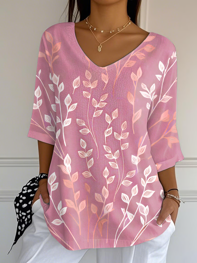 Casual Leaves Art Print V Neck 3/4 Length Sleeve T-shirt