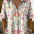 Women's Vintage Botanical Floral Casual Polo Collar Short-sleeved Linen And Cotton Shirt