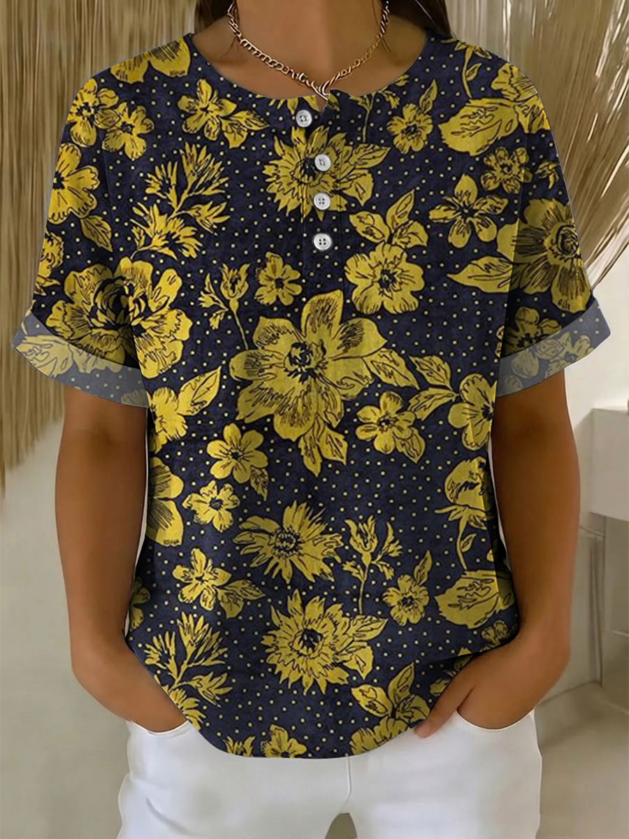 Women's Vintage Flower Pattern Printed Cotton Linen Top