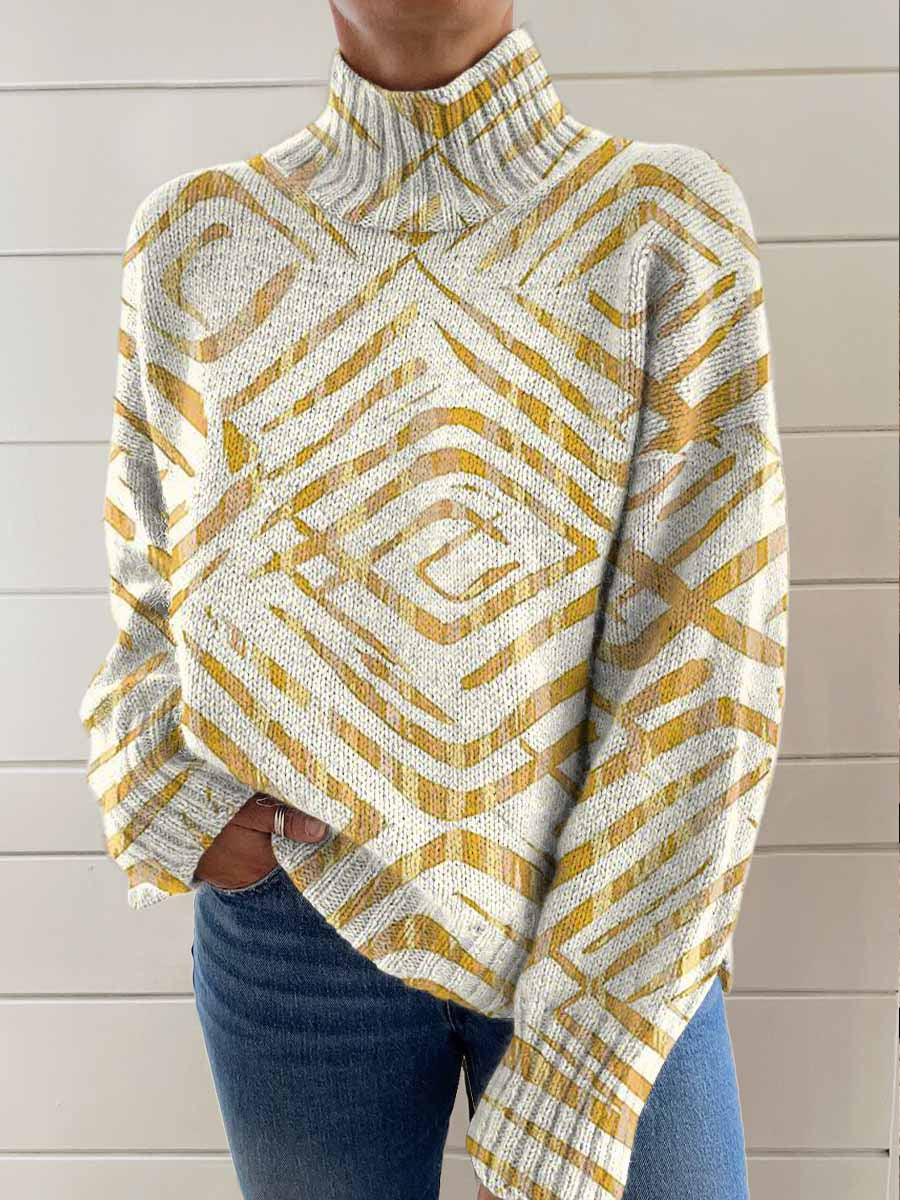 womens-retro-art-lines-print-knit-turtleneck-pullover-sweater