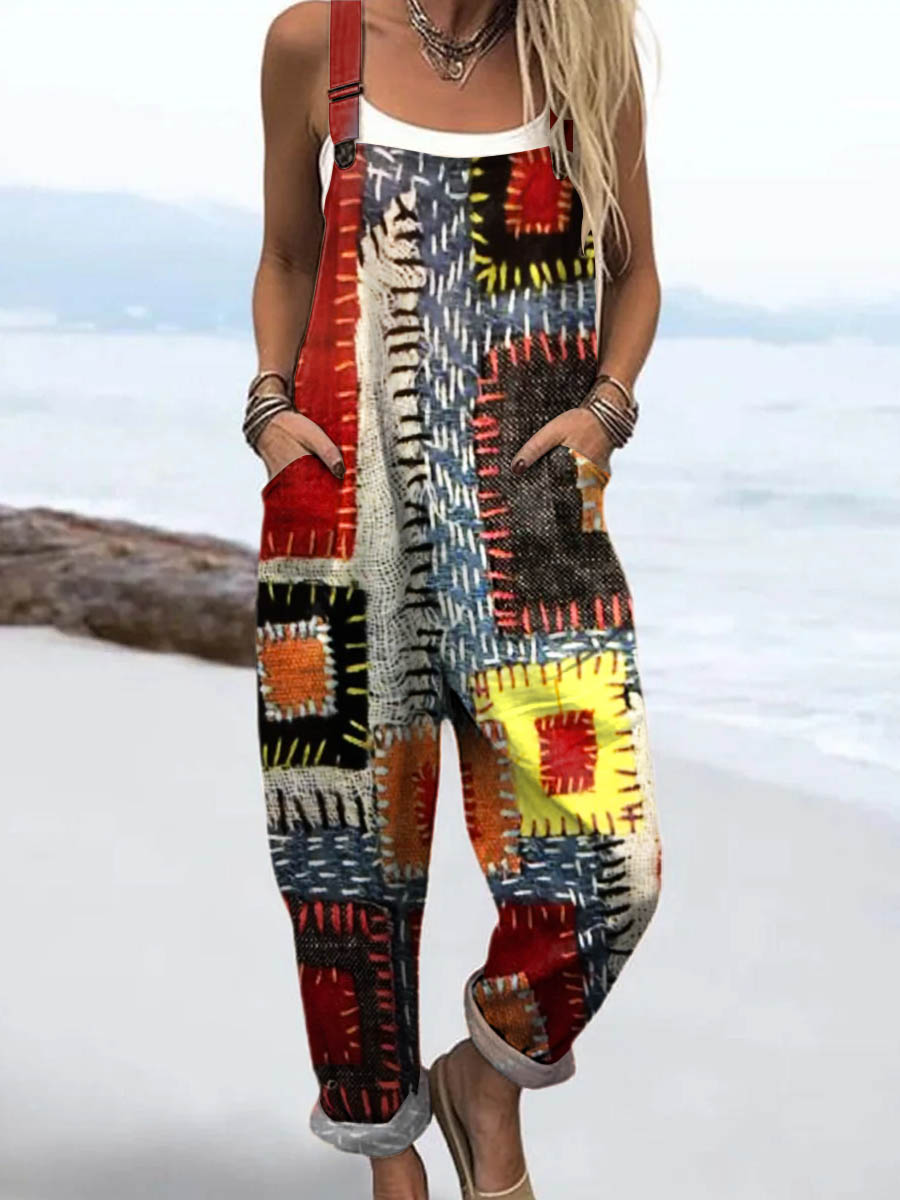 Women's Vintage Geometric Patchwork Pattern Art Print Casual 100% Cotton Wide Leg Jumpsuit