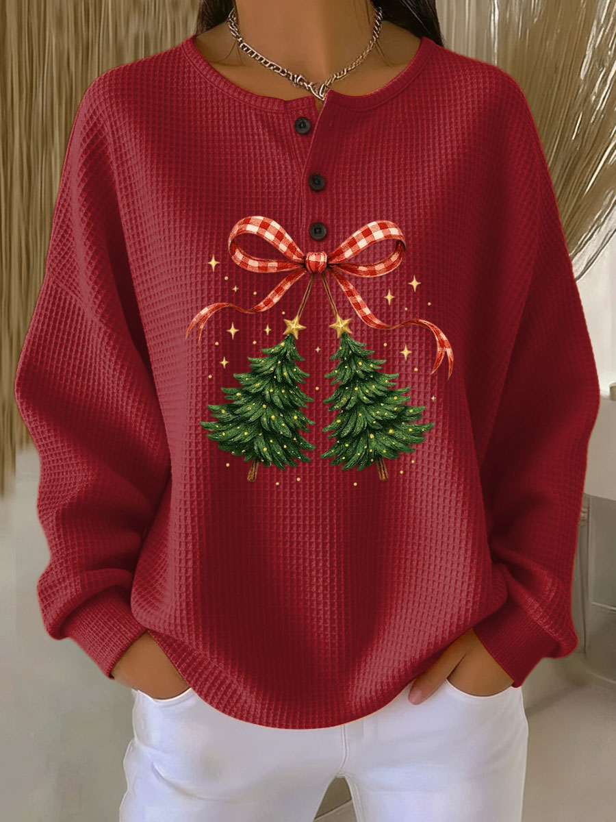 Women's Vintage Christmas Tree Art Print Casual Waffle Henry Collar Sweatshirt
