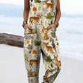 Women's Lovely Woodland Animals Pattern Art Print Casual 100% Cotton Wide Leg Jumpsuit