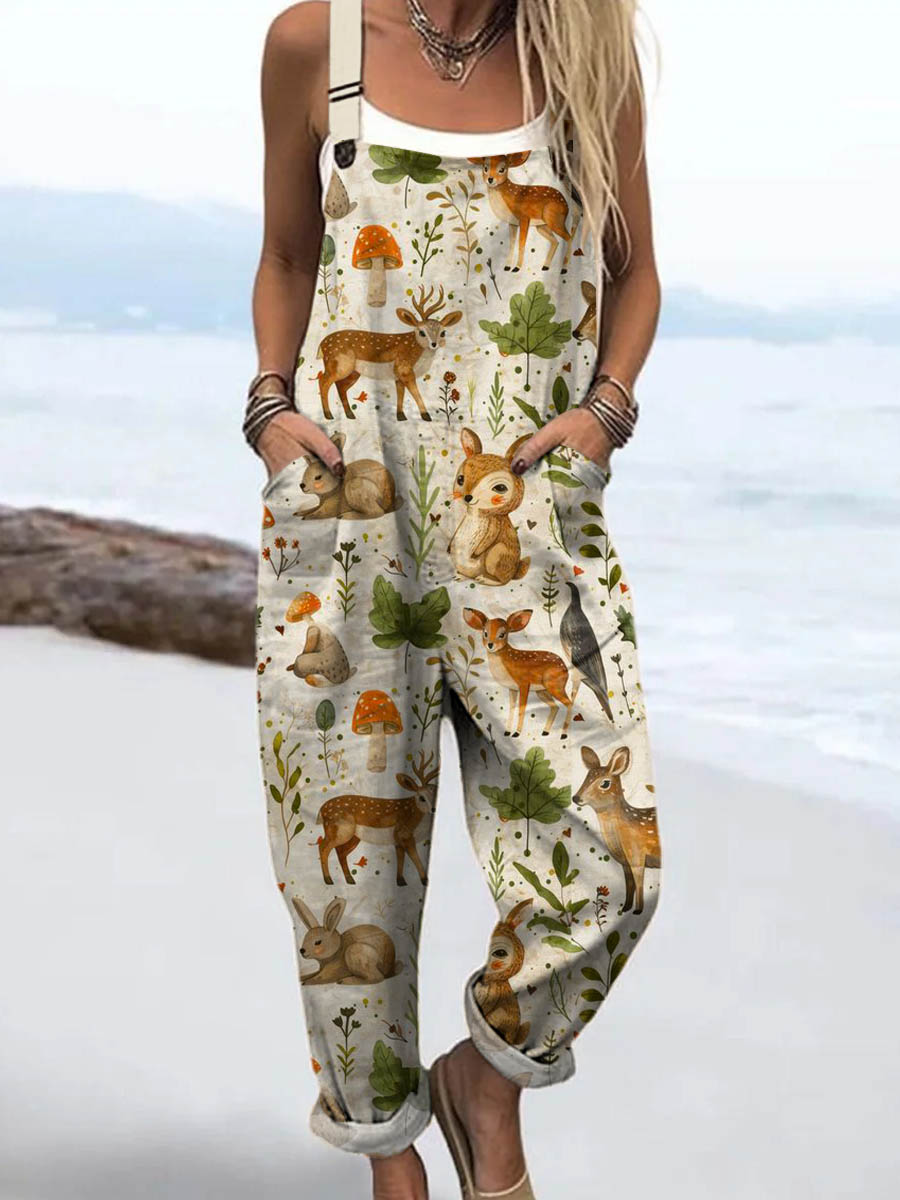 Women's Lovely Woodland Animals Pattern Art Print Casual 100% Cotton Wide Leg Jumpsuit