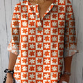 Women's Orange Lattice Flowers Casual Cotton Linen Shirt