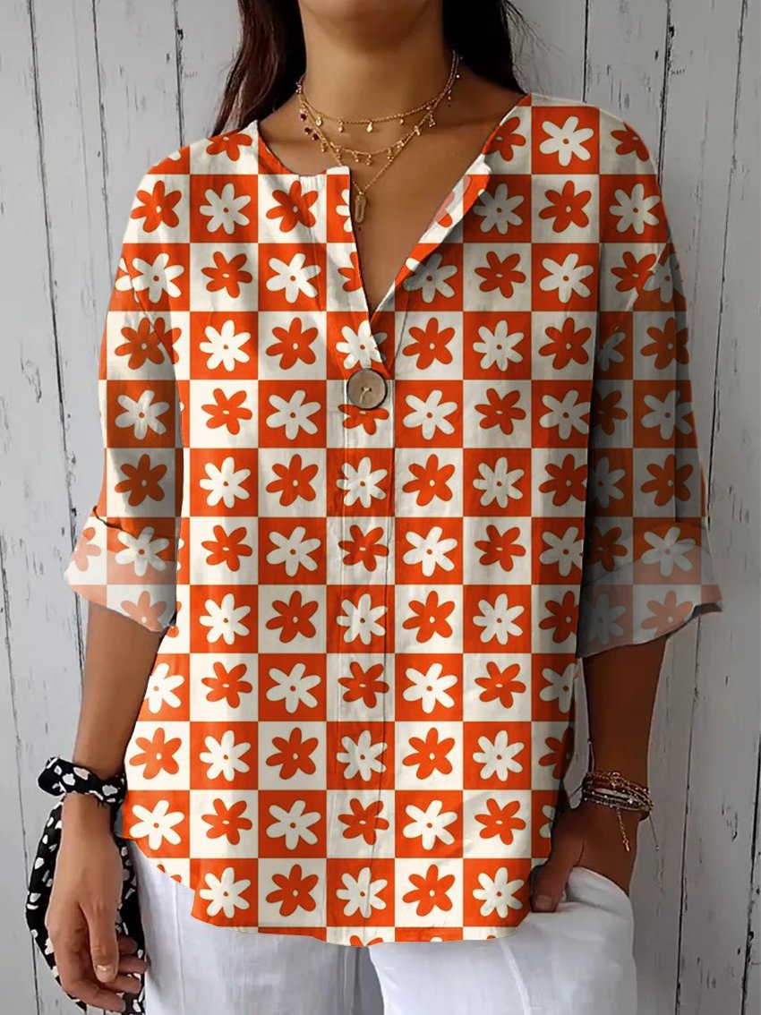 Women's Orange Lattice Flowers Casual Cotton Linen Shirt