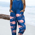 Women's Colorful Abstract Fish Art Print Casual 100% Cotton Wide Leg Jumpsuit