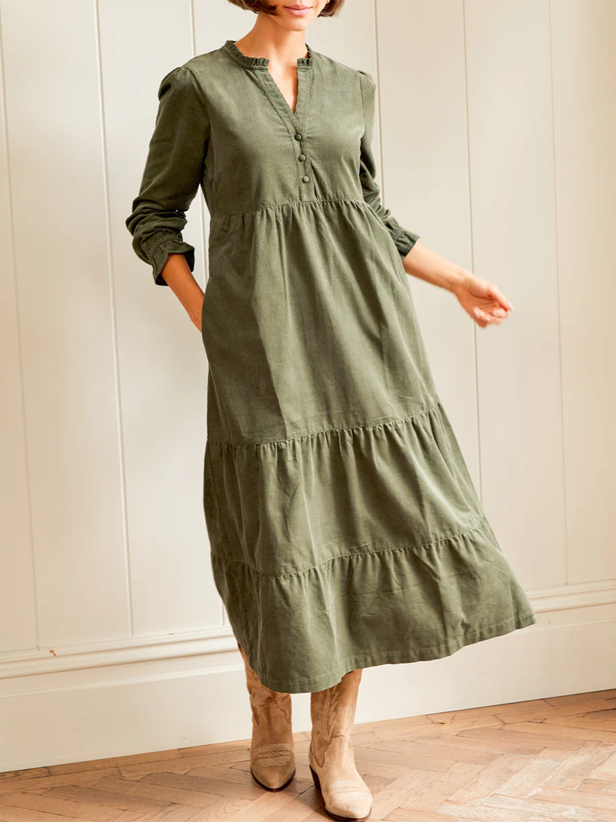 Women's V-neck Solid Color Multi-layered Hem Dress