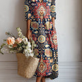 Women's Vintage Flower Art Print Linen Pocket Tunic Dress