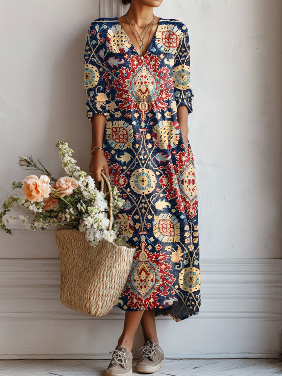 Women's Vintage Flower Art Print Linen Pocket Tunic Dress