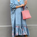 Women's Lapel Long Sleeve Tie Casual Cotton and Linen Vintage Printed Splicing Dress