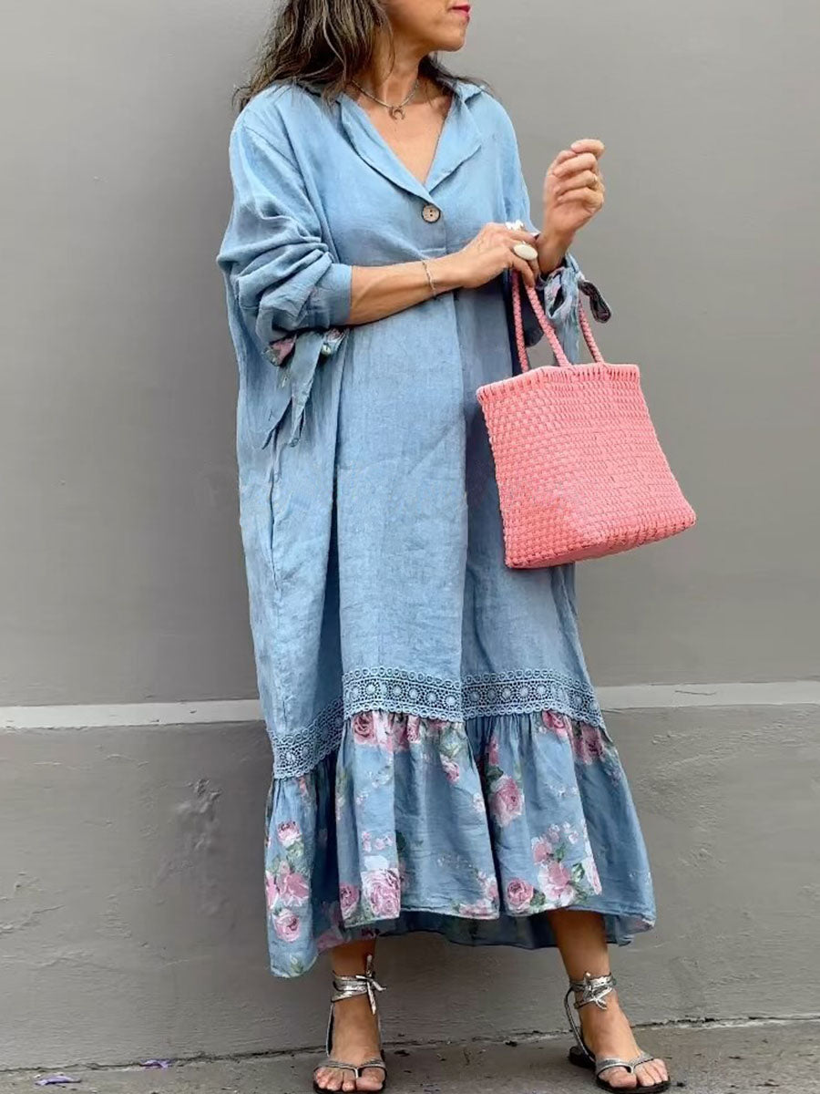 Women's Lapel Long Sleeve Tie Casual Cotton and Linen Vintage Printed Splicing Dress