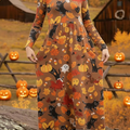 Cute Cat-loving Leaf Pumpkin Print Knitted Dress