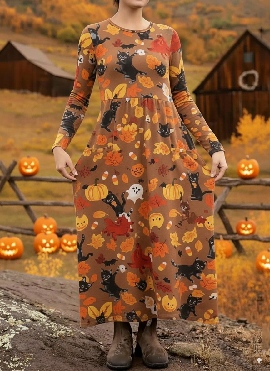Cute Cat-loving Leaf Pumpkin Print Knitted Dress