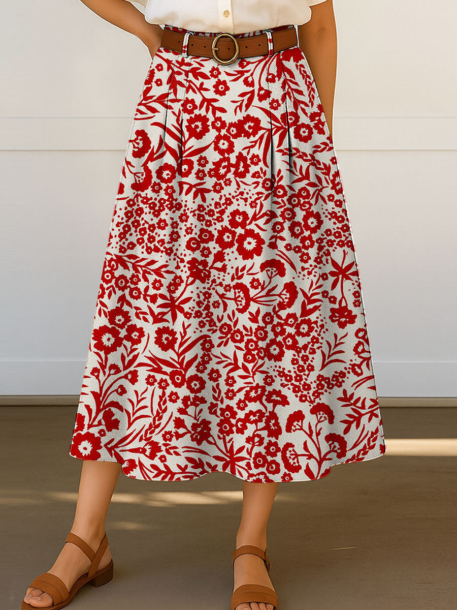 Women's Retro Flowers Floral Pattern Print High Waist Casual A-Line Skirt