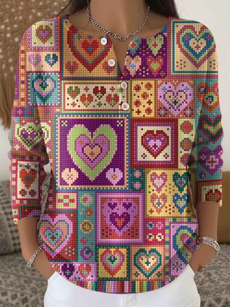 Women's Vintage Love Pattern Art Print Buttoned Cardigan Sweater