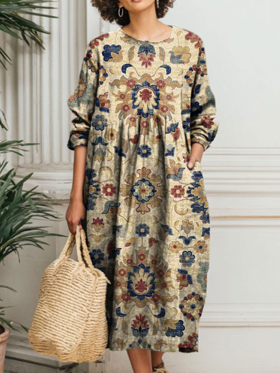 Women's Vintage Flower Art Print Pocket Cotton Dress