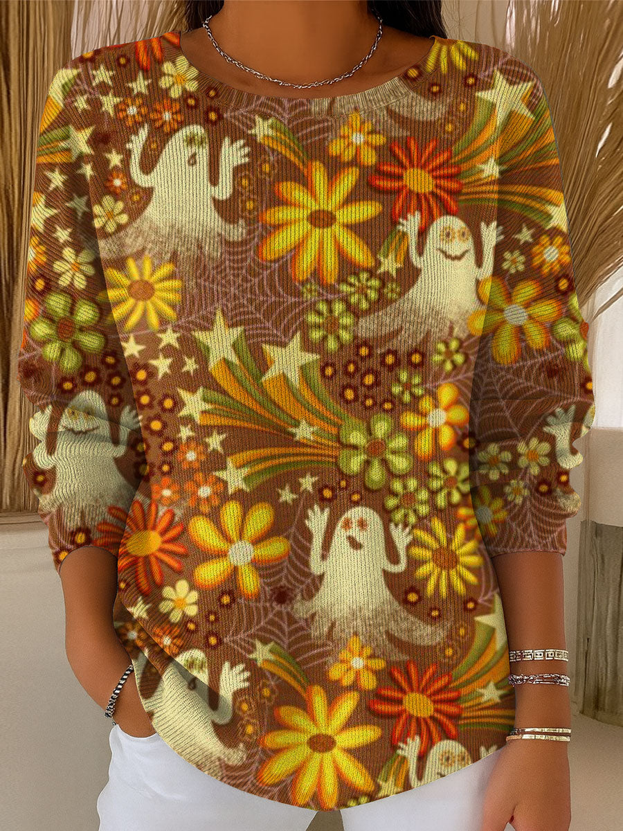Women's Vintage Halloween Retro Ghost Art Print Casual Pullover Sweater