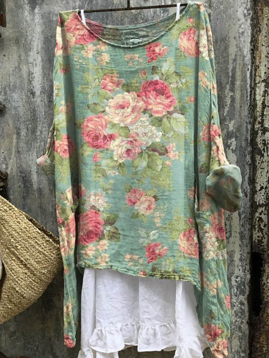 Women's Vintage Floral Art Print Casual Linen Cotton Pullover Top