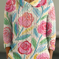 womens-beautiful-large-rose-flower-painting-art-print-casual-peter-pan-collar-3-4-sleeve-sweater