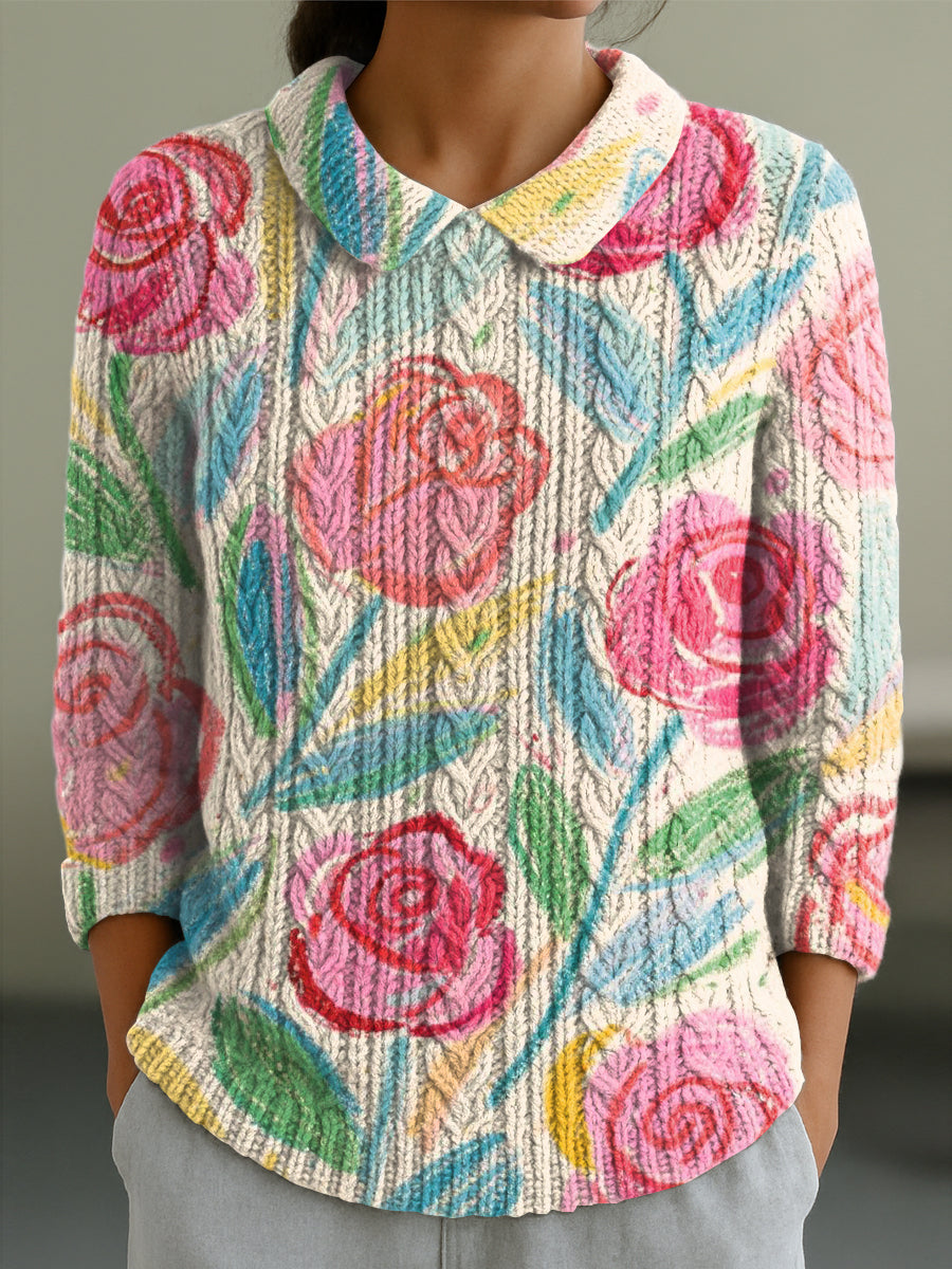 womens-beautiful-large-rose-flower-painting-art-print-casual-peter-pan-collar-3-4-sleeve-sweater