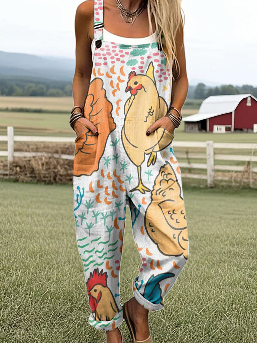 Women's Vintage Funny Farm Chicken Art Print Casual 100% Cotton Wide Leg Jumpsuit