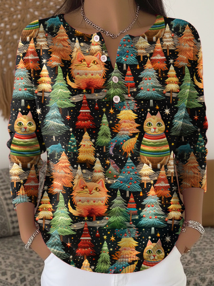 Women's Christmas Cats Pattern Art Print Buttoned Cardigan Sweater