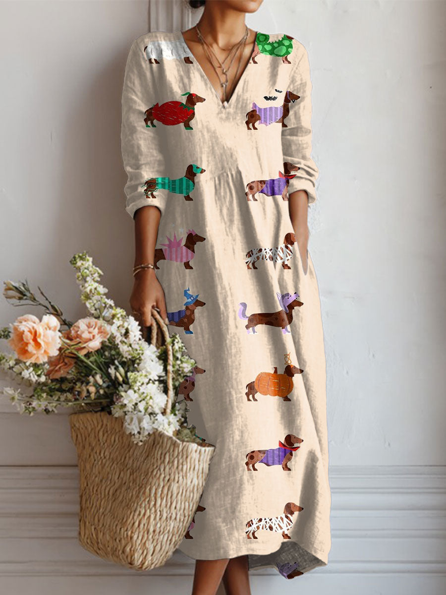 Women's Vintage Dachshund Art Print Linen Pocket Dress