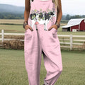Women's Lovely Cow Floral Art Print Casual 100% Cotton Wide Leg Jumpsuit