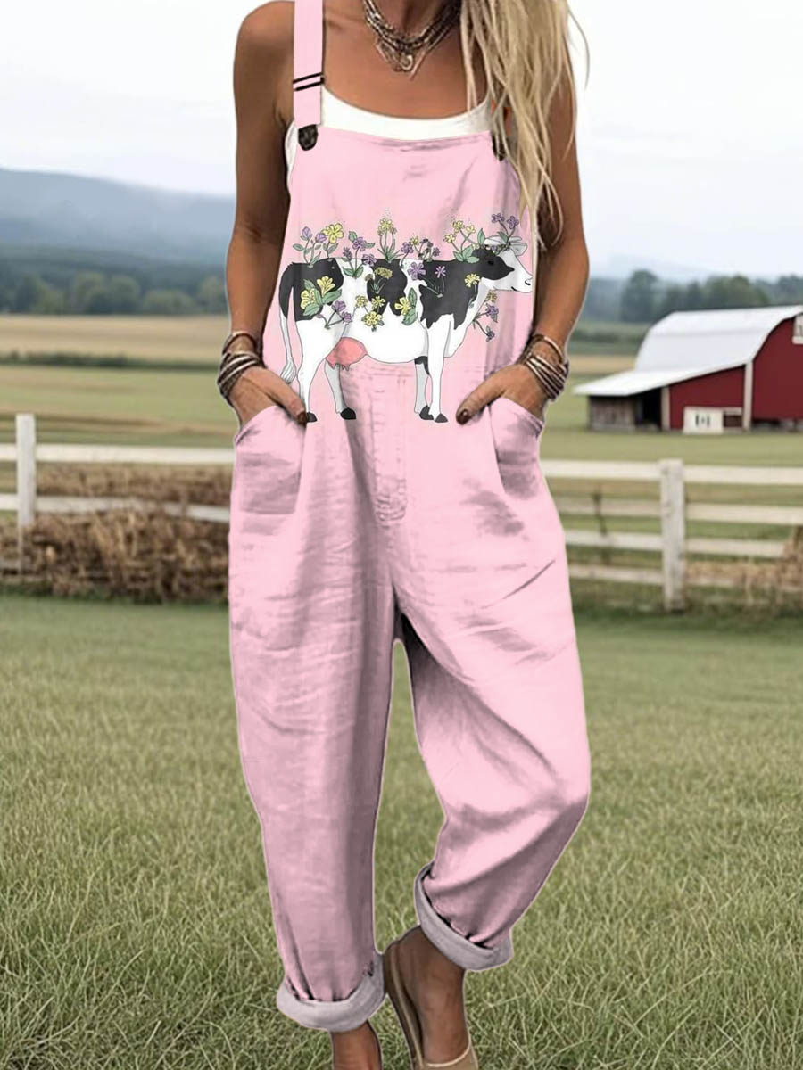 Women's Lovely Cow Floral Art Print Casual 100% Cotton Wide Leg Jumpsuit