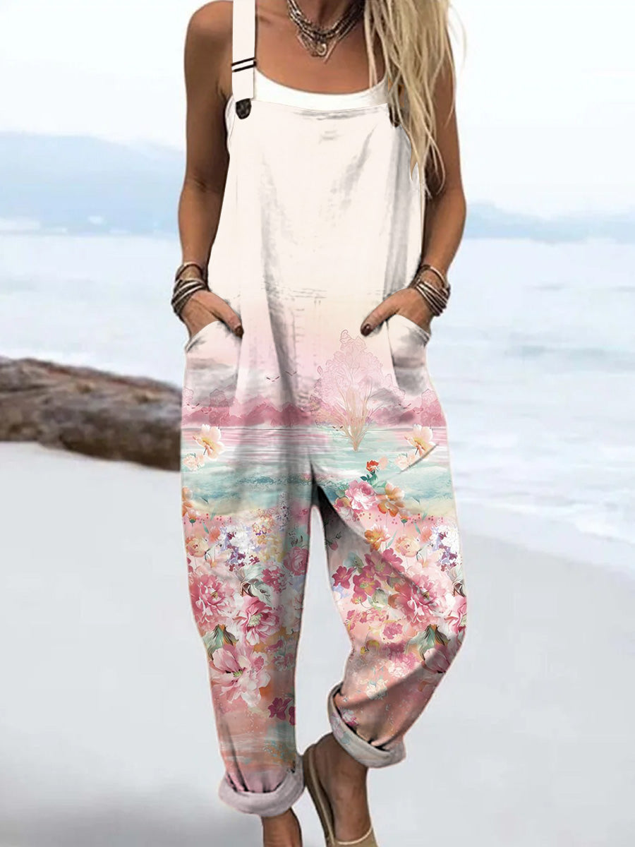 Women's Vintage Art Oil Painting Flowers Print Casual 100% Cotton Wide Leg Jumpsuit