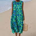 Women's Vintage Peacock Feather Art Print Sleeveless Cotton Pocket Wrap Dress