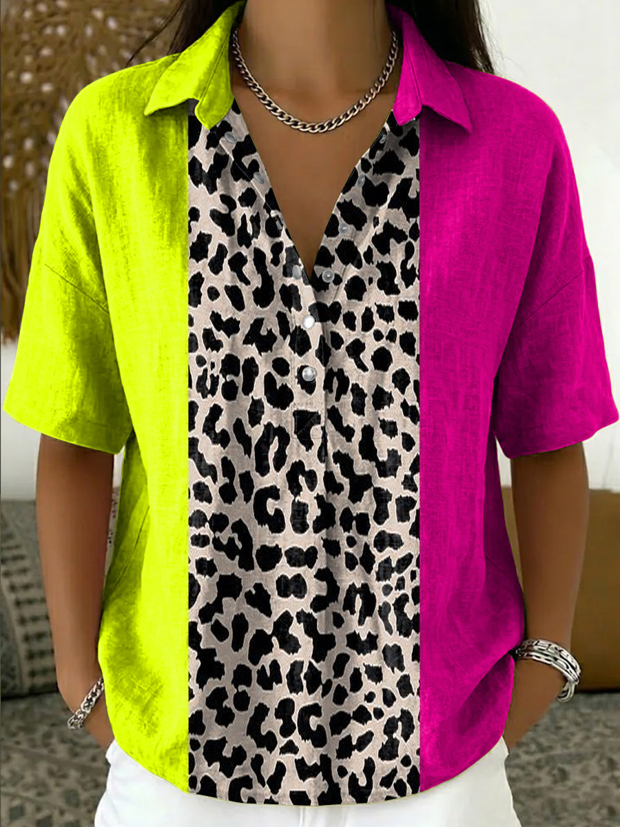 Women's Retro Color-block Printed Cotton-linen Short-sleeve Shirt