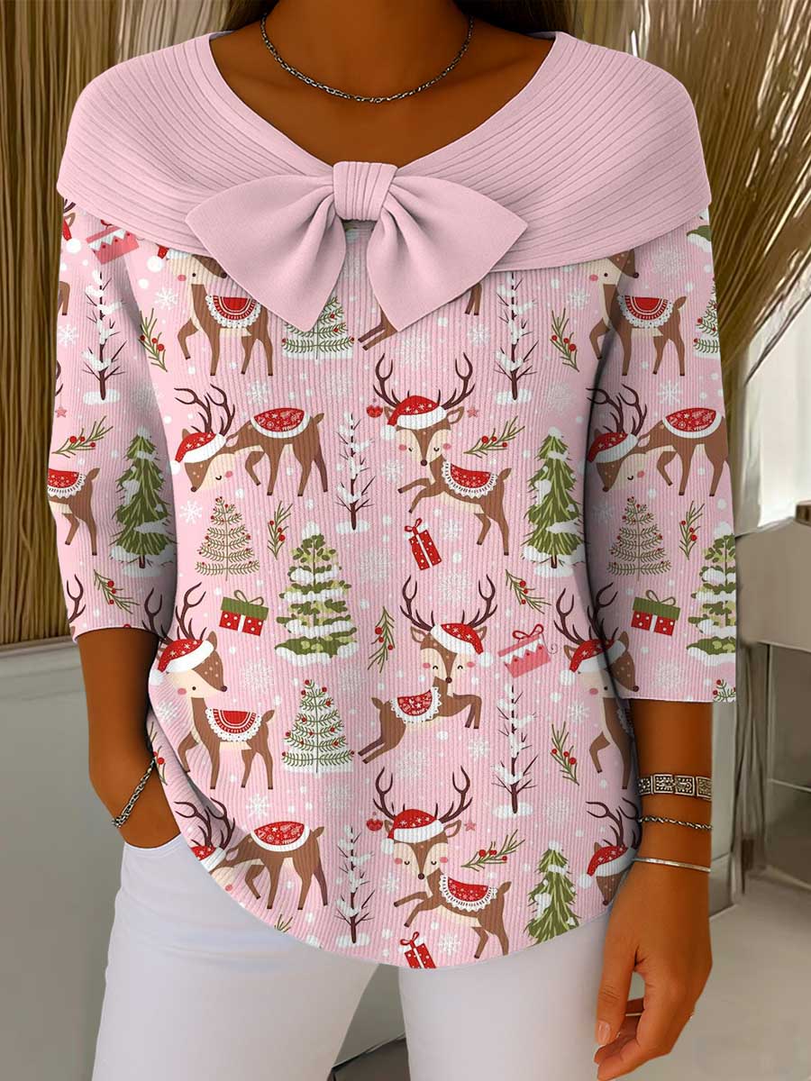Women's Christmas Print Crew Neck 3/4 Sleeve Casual Pullover Sweater