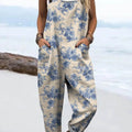 Women's Vintage Floral Pattern Art Print Casual 100% Cotton Wide Leg Jumpsuit