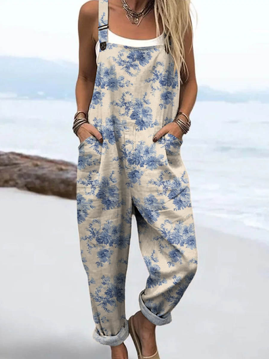 Women's Vintage Floral Pattern Art Print Casual 100% Cotton Wide Leg Jumpsuit