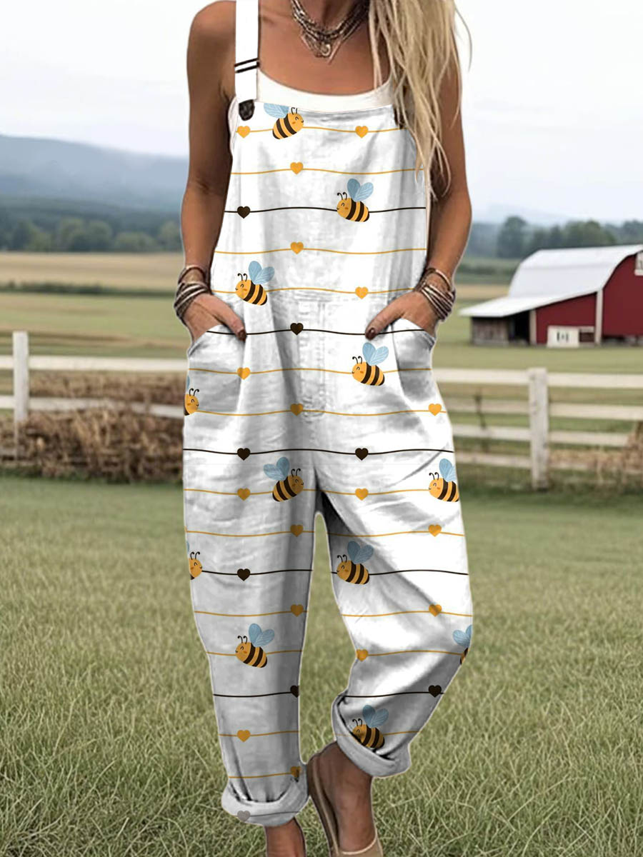 Women's Lovely Bees Art Print Casual 100% Cotton Wide Leg Jumpsuit