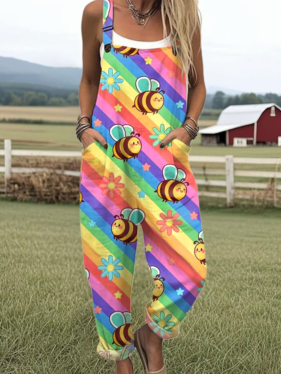 Women's  Bee Art Print Casual 100% Cotton Wide Leg Jumpsuit
