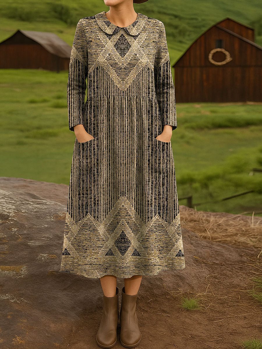 Women's Vintage Abstract Geometric Art Print Cotton Lapel Button-Down Shirt Dress